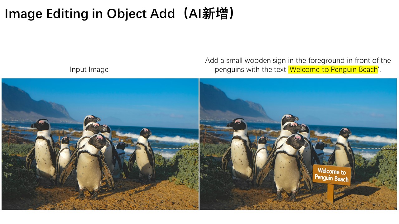 Официальный пример Qwen Image Edit: добавление таблички к сцене с пингвинами
